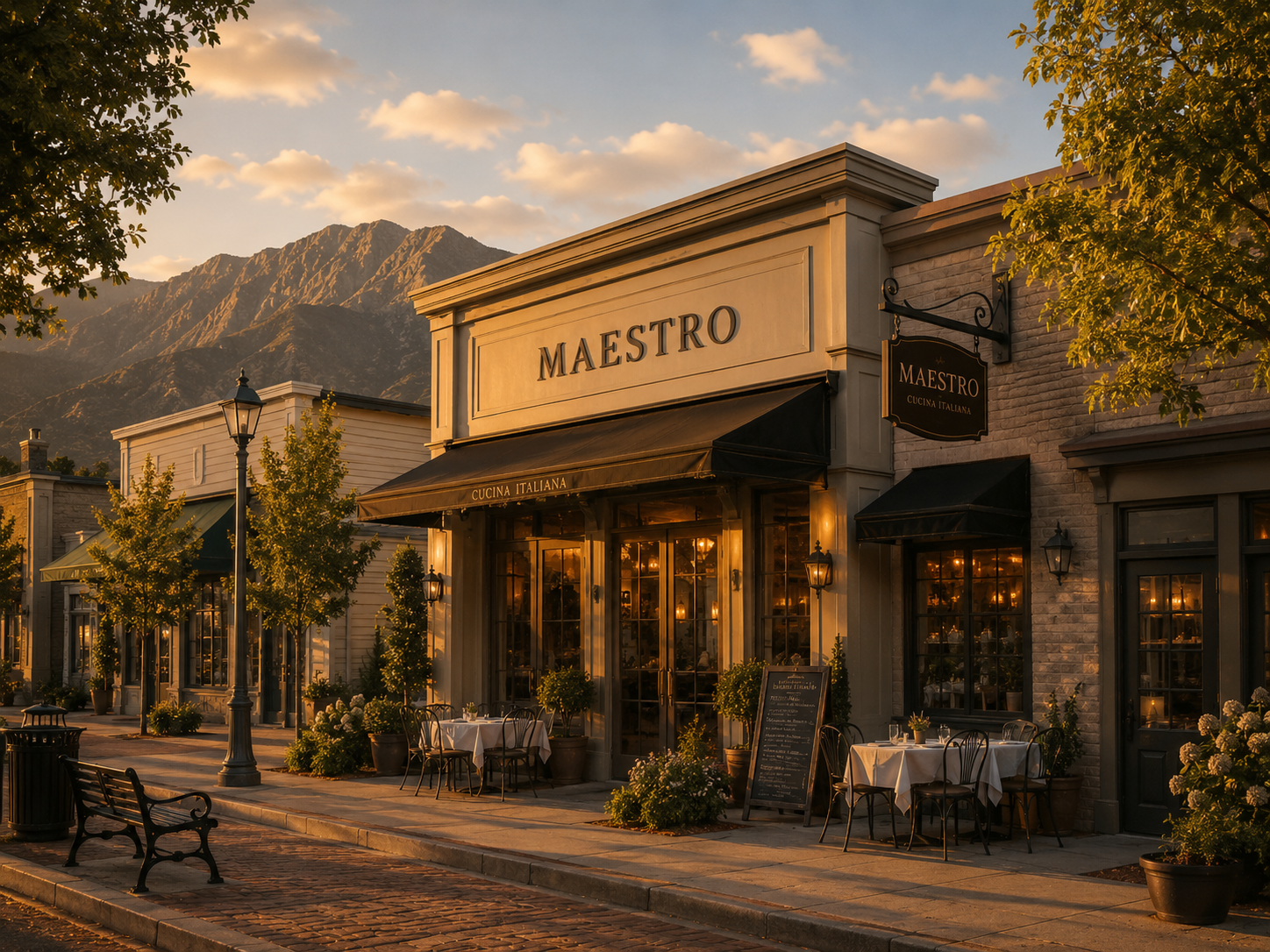 Maestro restaurant at golden hour in fictional Kerston Ridge