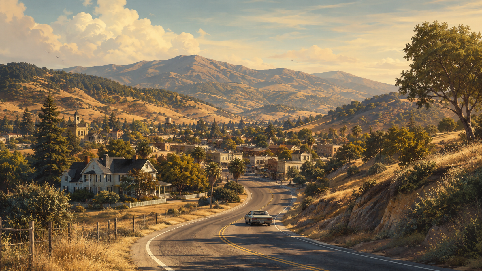 A panoramic view of fictional Kerston Ridge in the California foothills